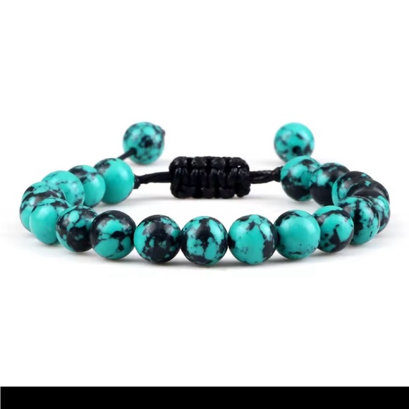 Turquoise and Black Beaded Bracelet 8mm Adjustable Bracelet Men Women Jewelry - Picture 1 of 1